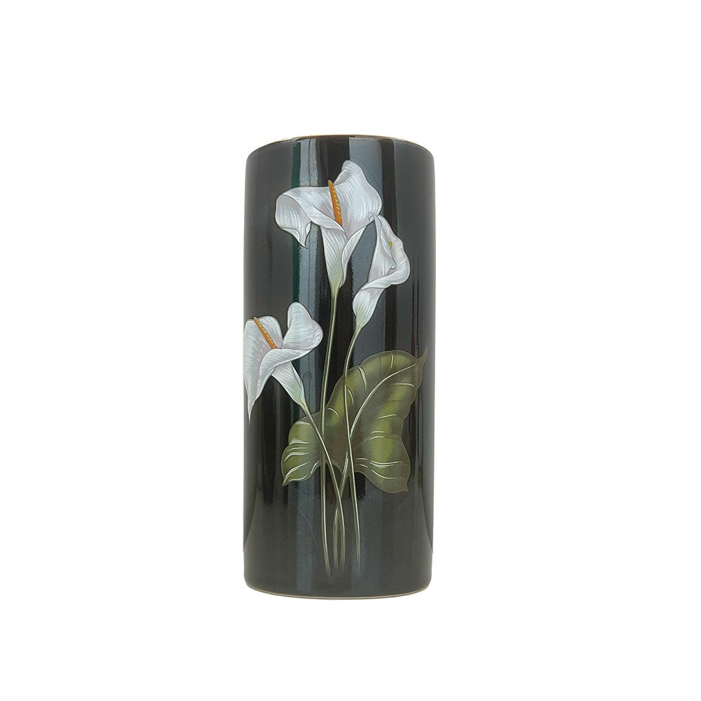Vintage Japanese Black Vase with Calla Lily Print