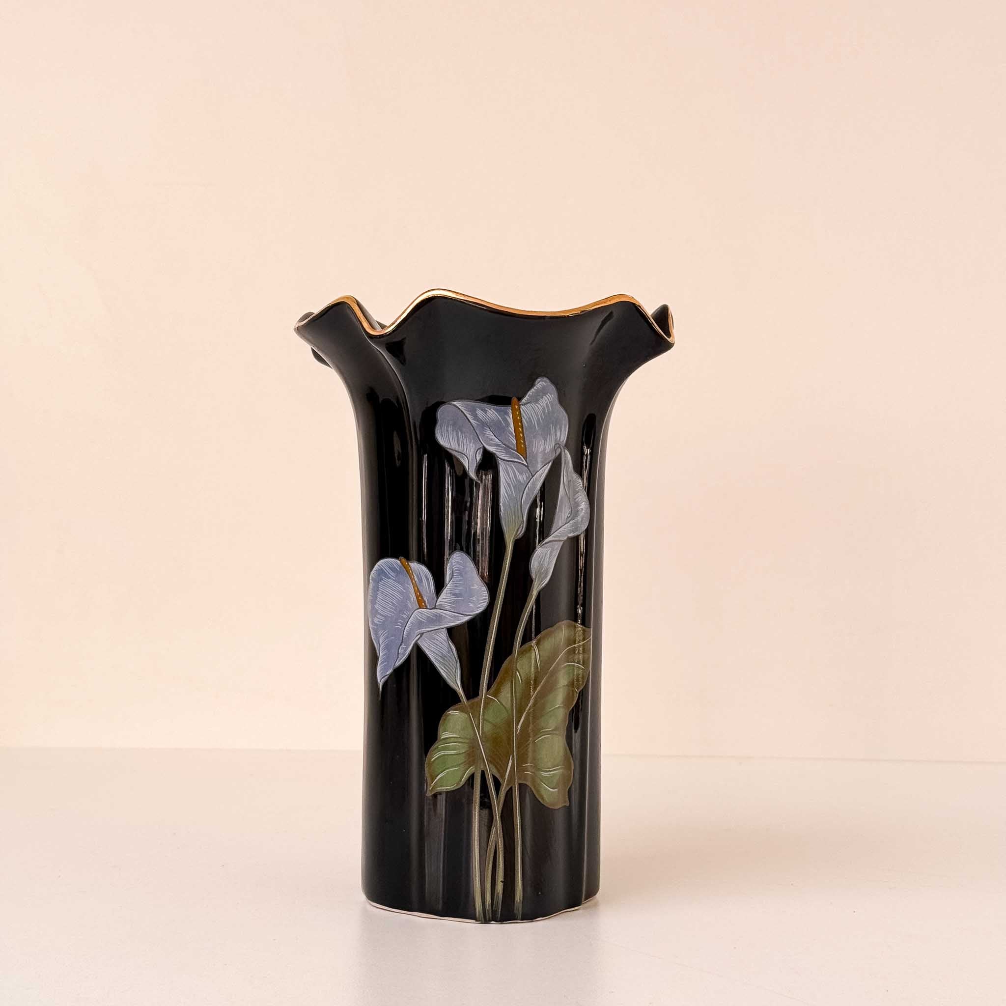 Vintage Black Vase with Lillies & Gold Detail