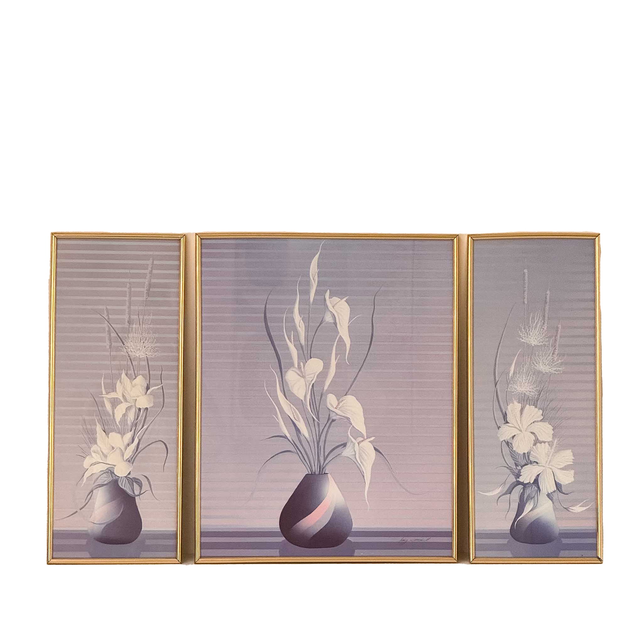 Vintage 80's White Flower & Vase Trio Set - Gold Frame