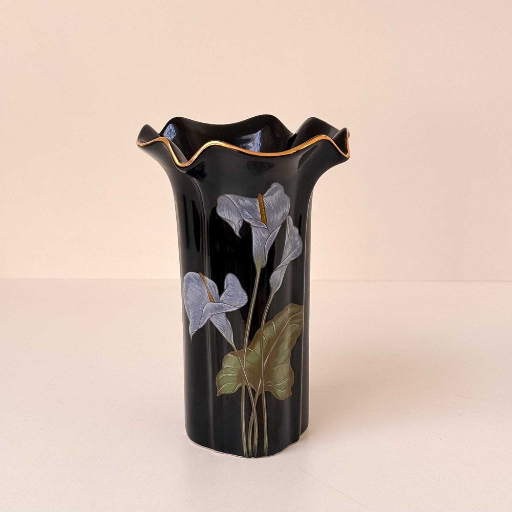 Vintage Black Vase with Lillies & Gold Detail
