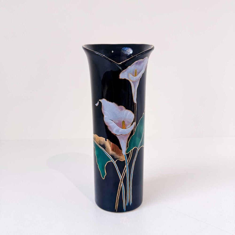 Vintage Japanese Hall Vase with Painted Lillies