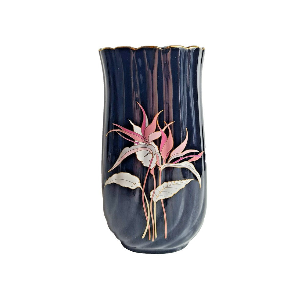Vintage Japanese Floral Vase, Scalloped Gold Rim