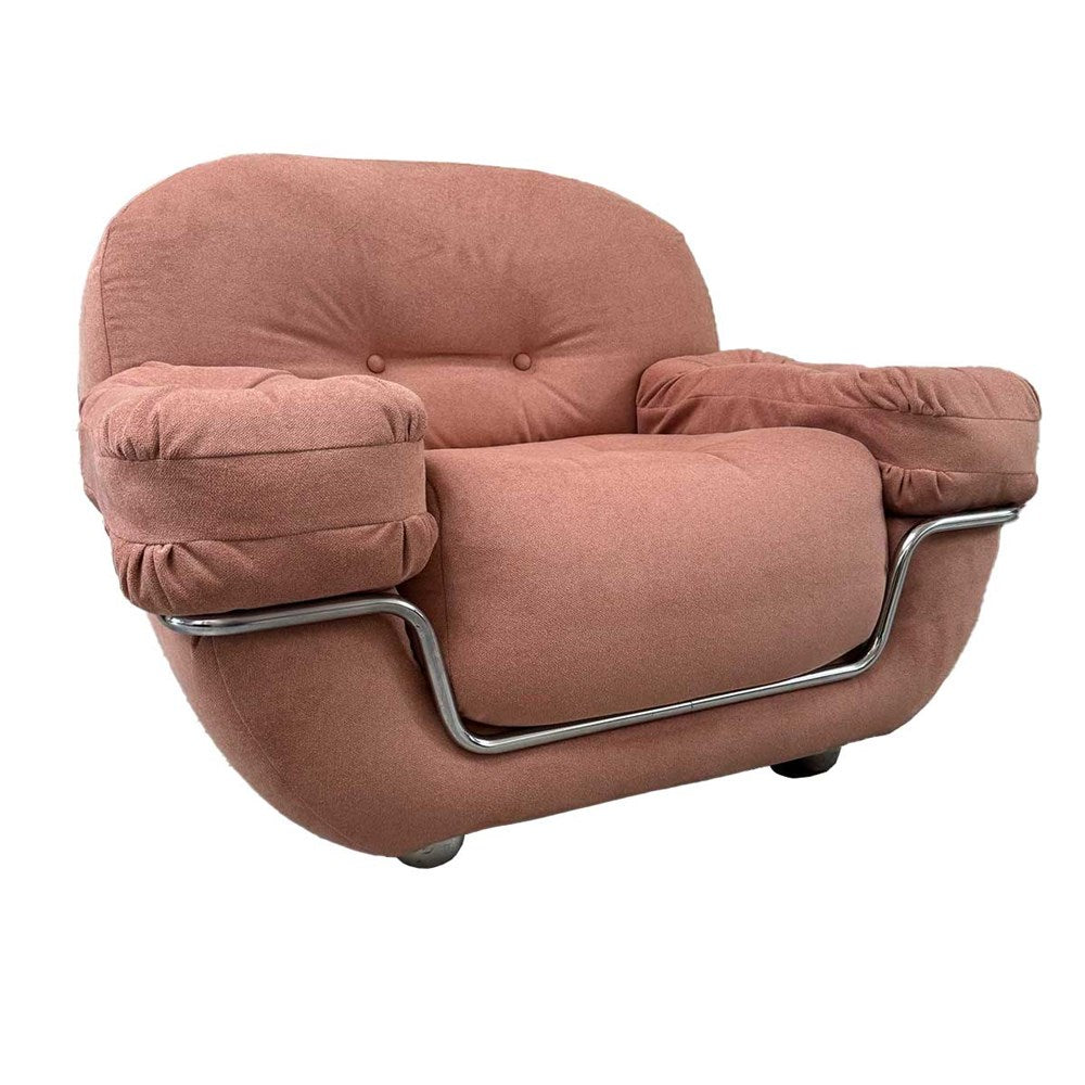 80's Chubby Lounge Chair Chrome Tubular Frame - Peach