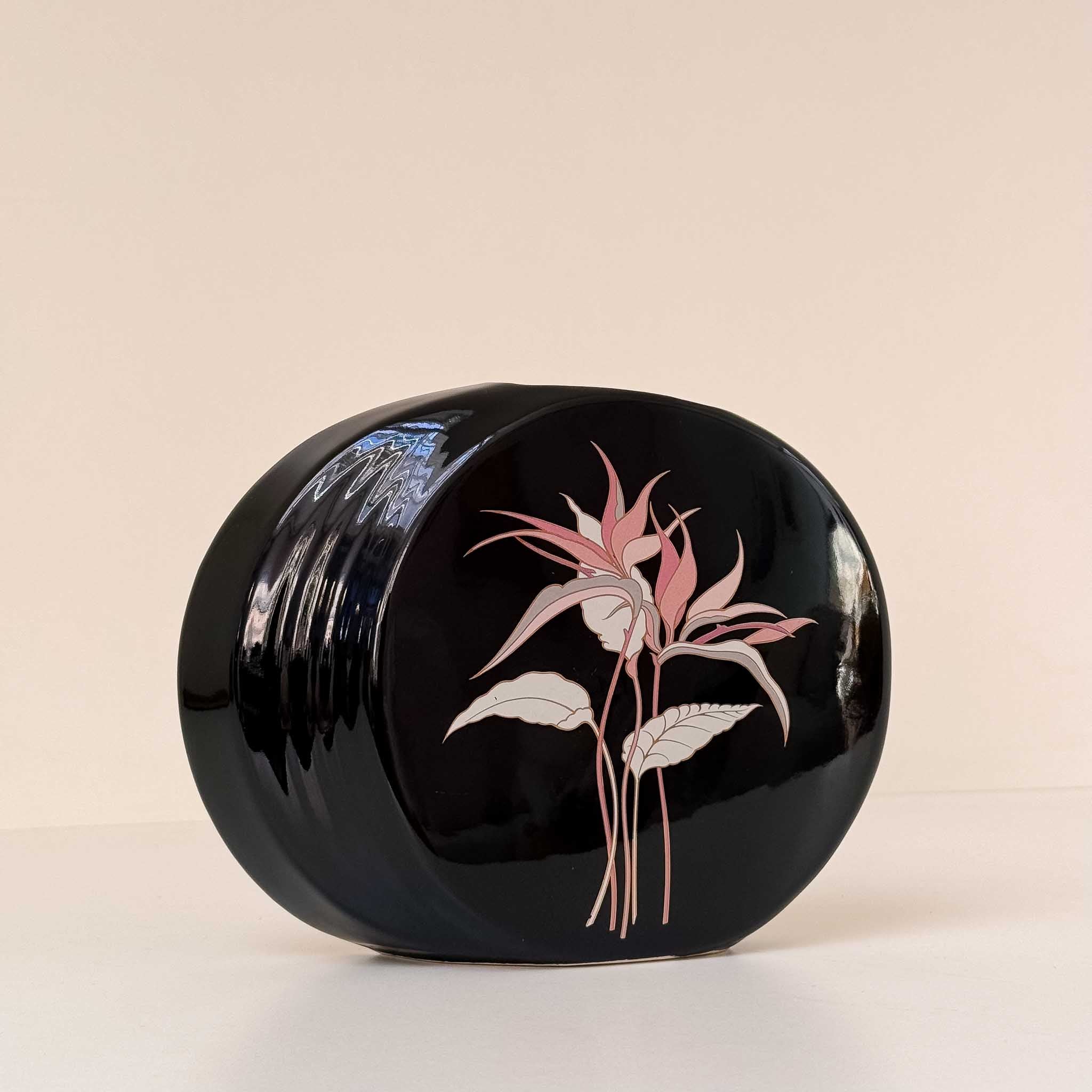Vintage Japan 80s Vases Floral Black