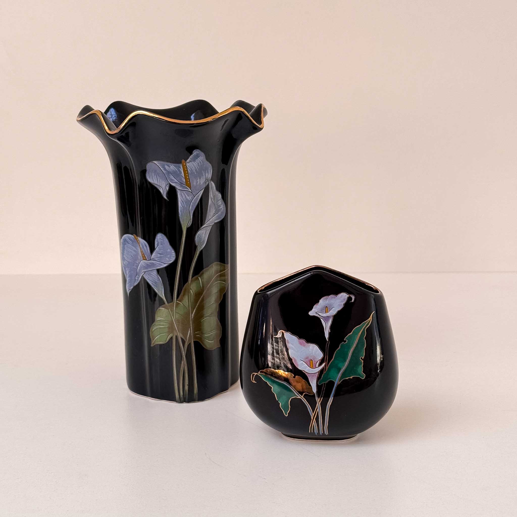 Vintage Seizan Floral Black Lillies Vase Gold Trim
