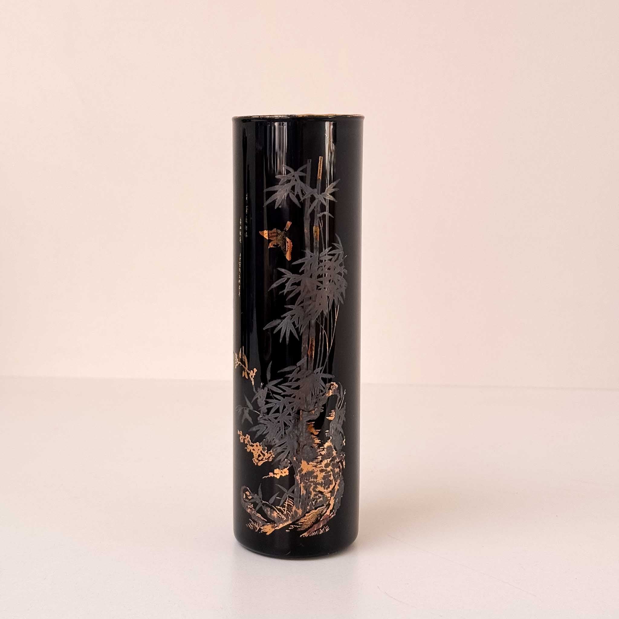Vintage Hall Japan Gold Gilt & Grey Bamboo & Bird Pattern Purple Black Glass Vase 20cm