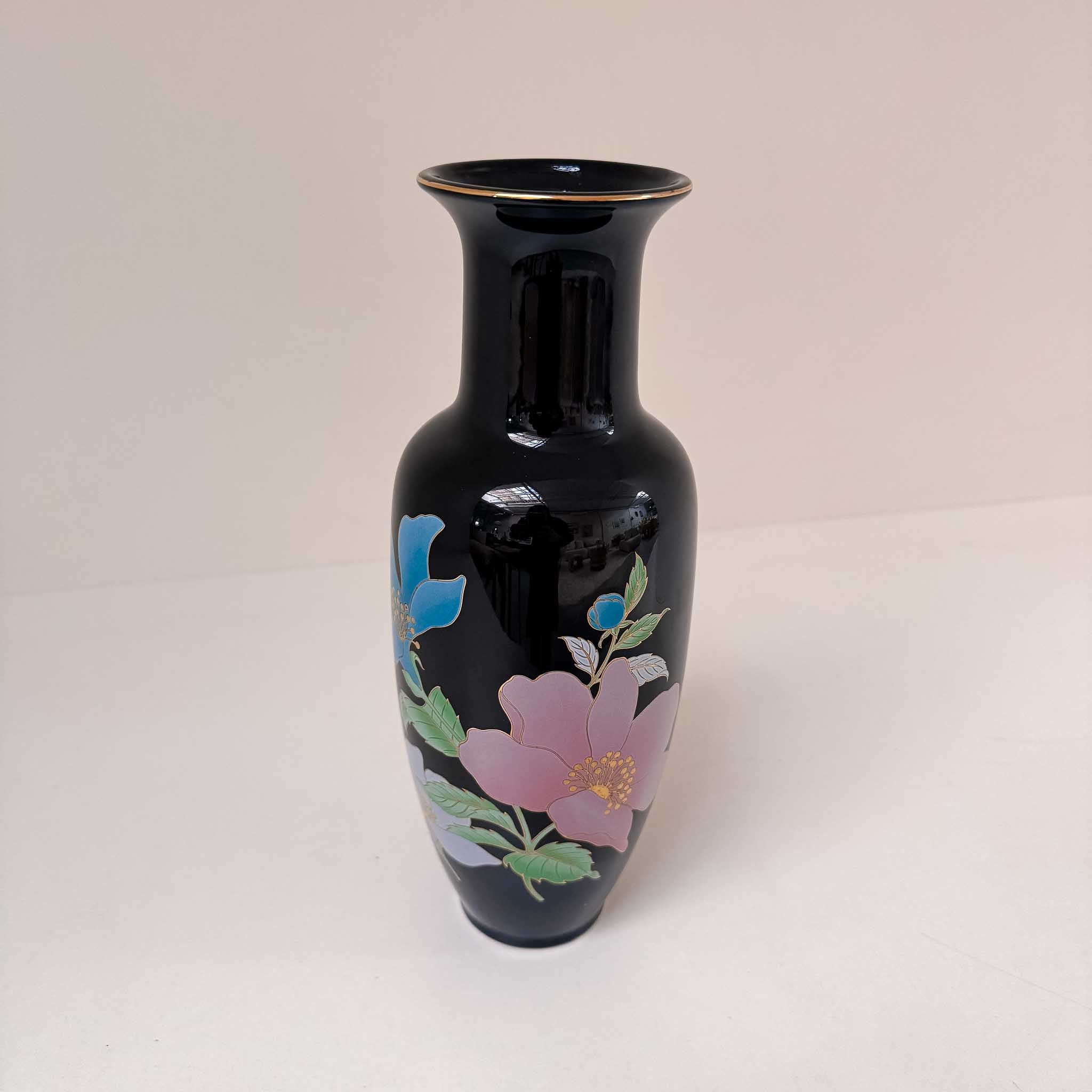 Vintage 80's Japanese Vase, Black with Flowers