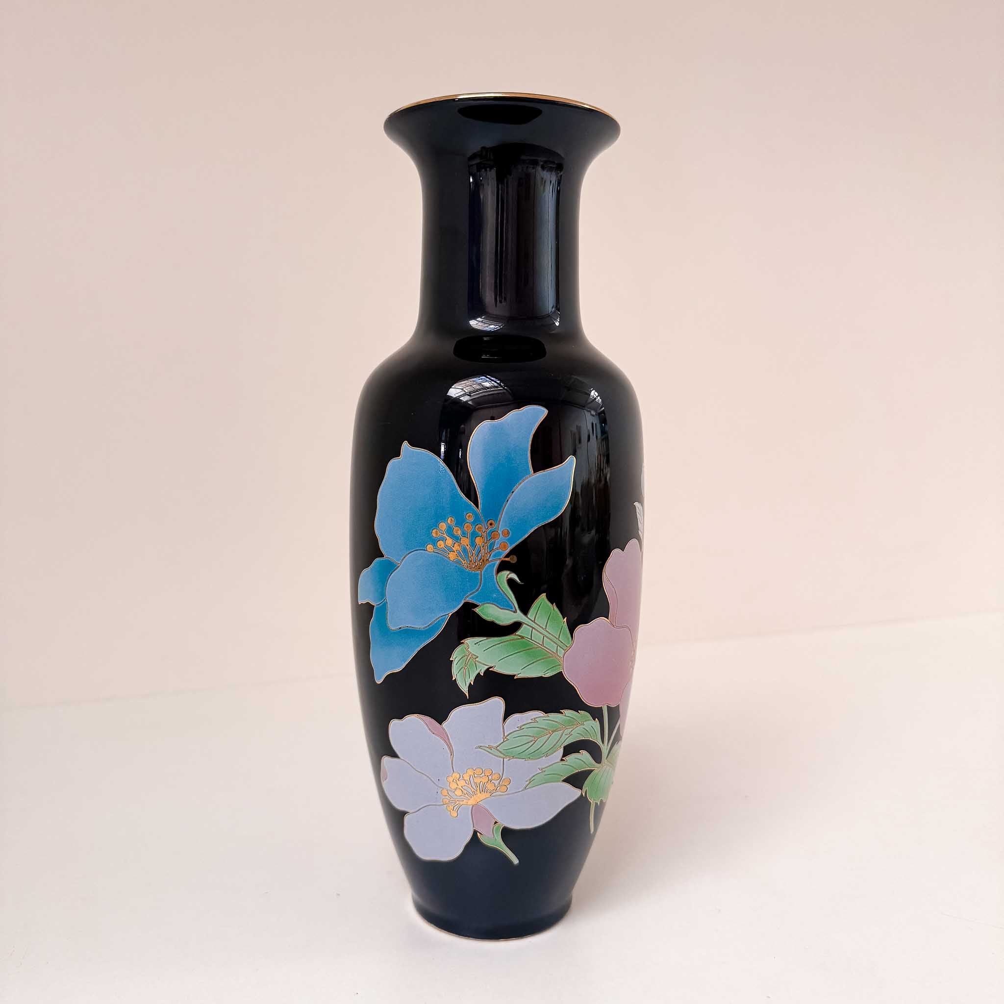Vintage 80's Japanese Vase, Black with Flowers
