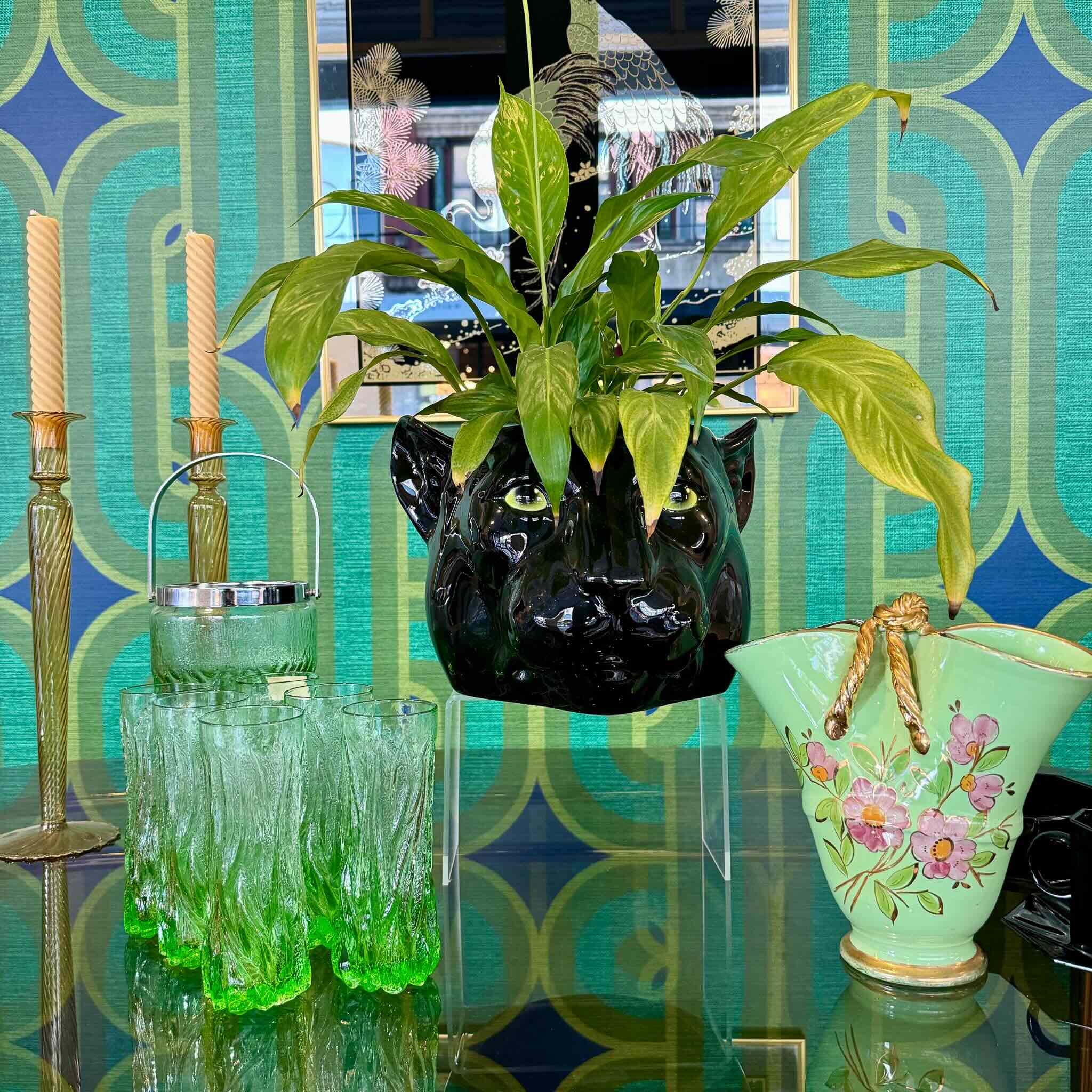 Vintage 1960's Green Gradient Glass Ice Bucket & Tall Glass Set