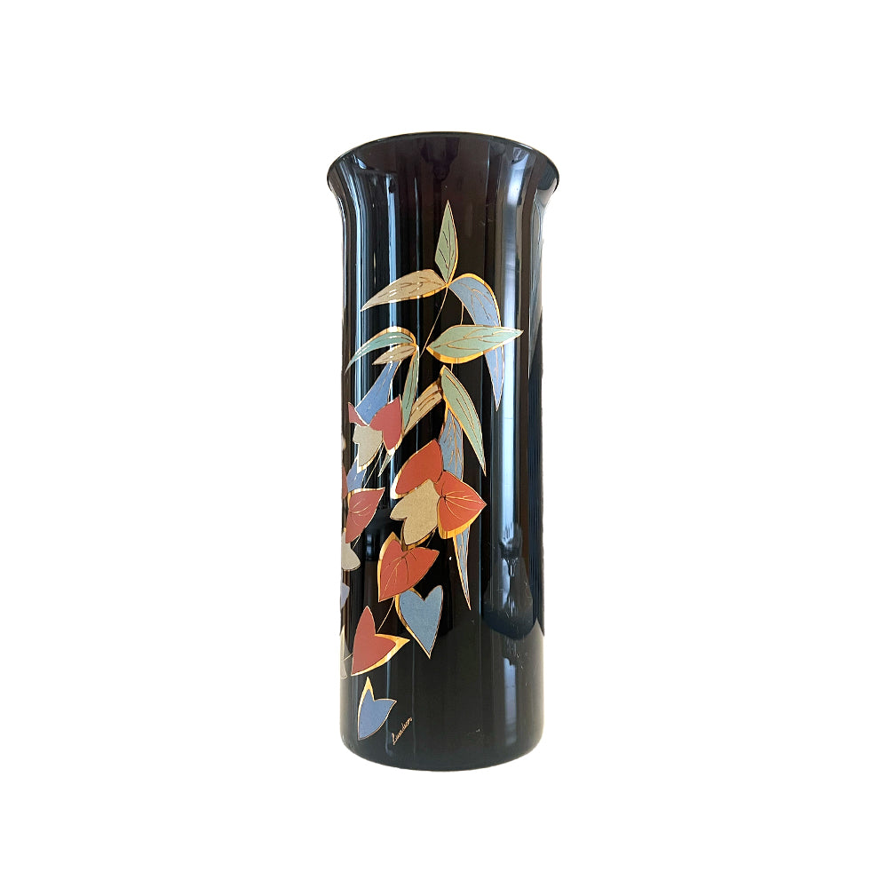 Vintage 1980's Black Glass Vase with leaf print