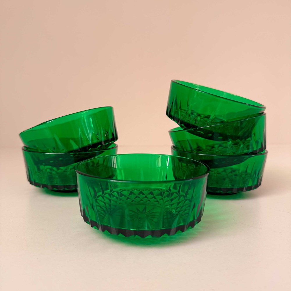 Vintage 80's Arcoroc France Emerald Glass Desert Bowl - Set of 6