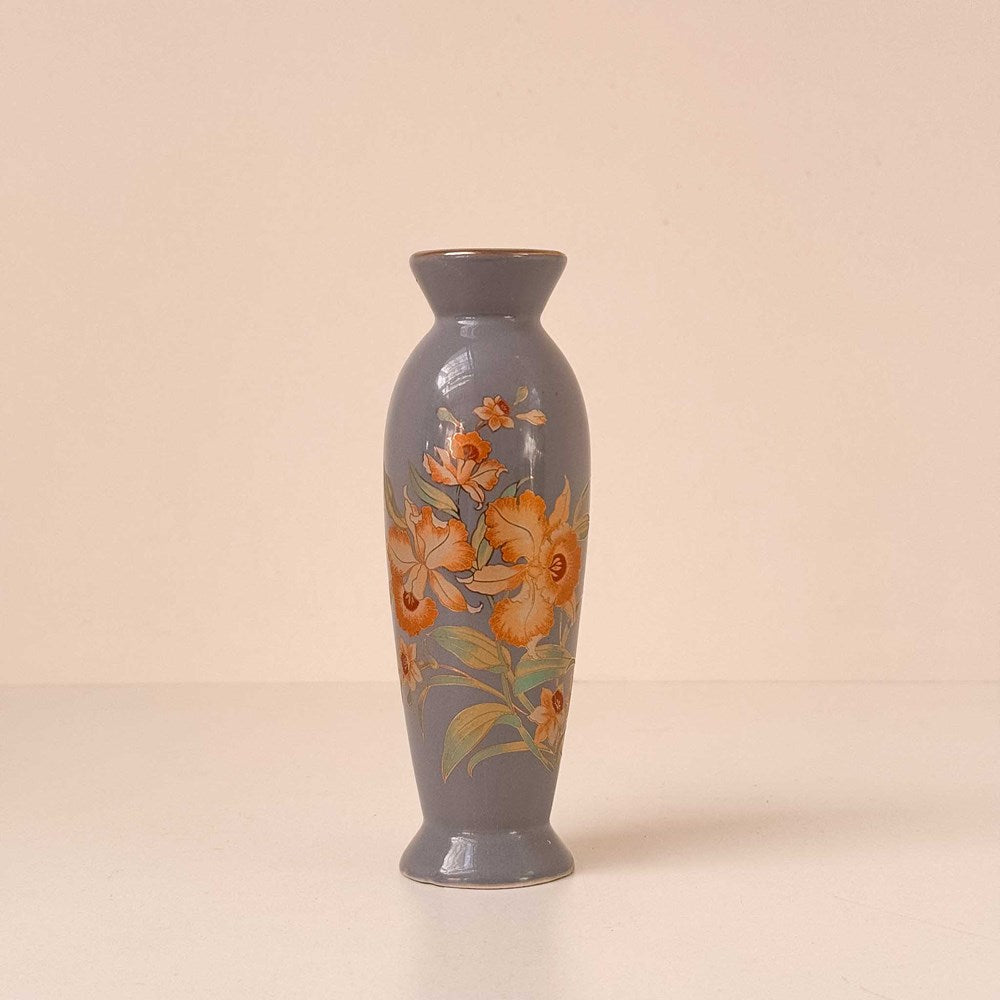 Vintage 80s Grey Peach Pastel Floral Vase