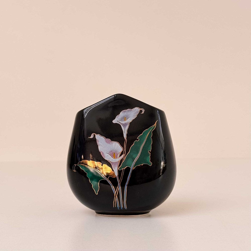 Vintage Seizan Floral Black Lillies Vase Gold Trim