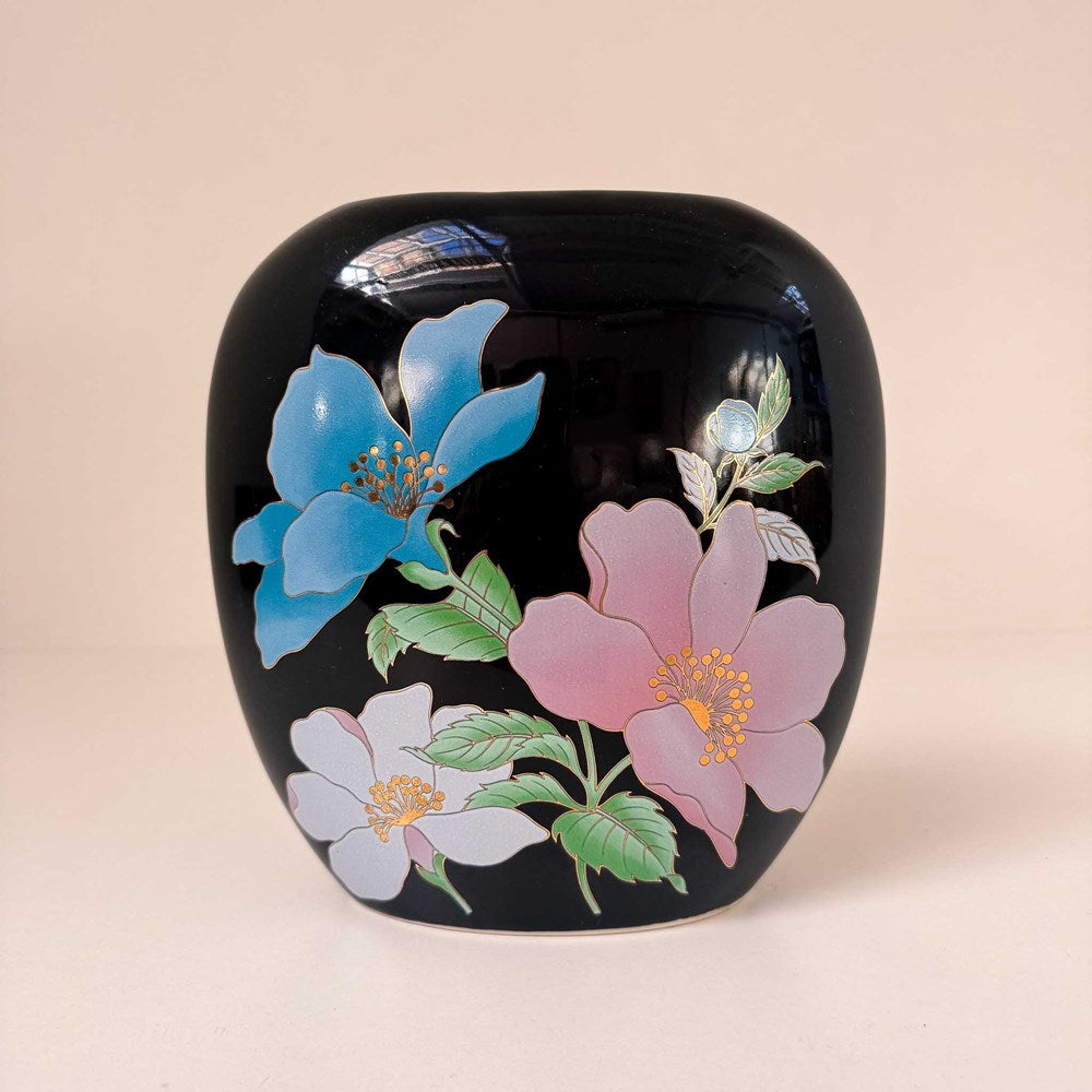 Vintage 80's Japanse Floral Vase with Gold Trim