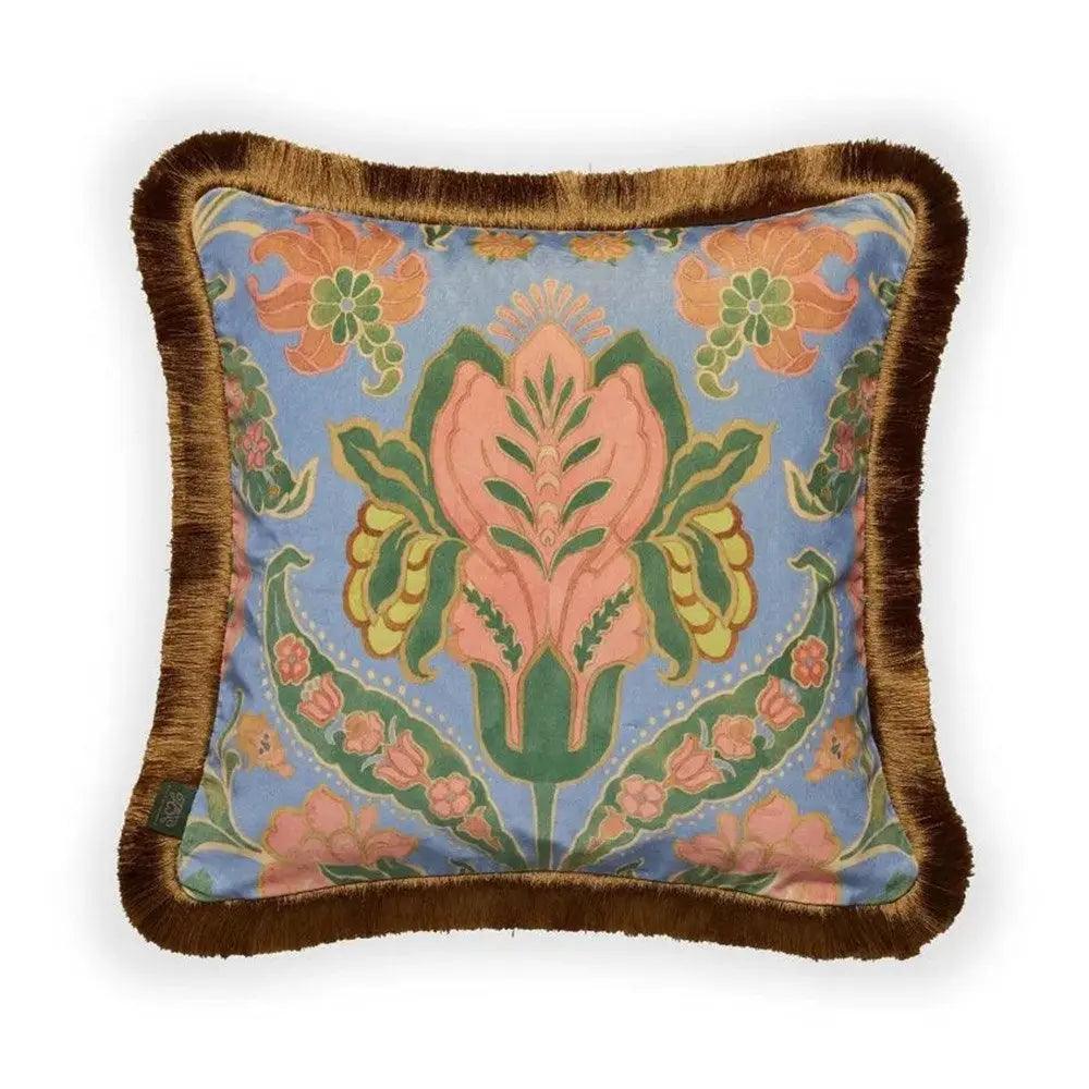 Tara Velvet Fringed Cushion - Azurite House of Hackney